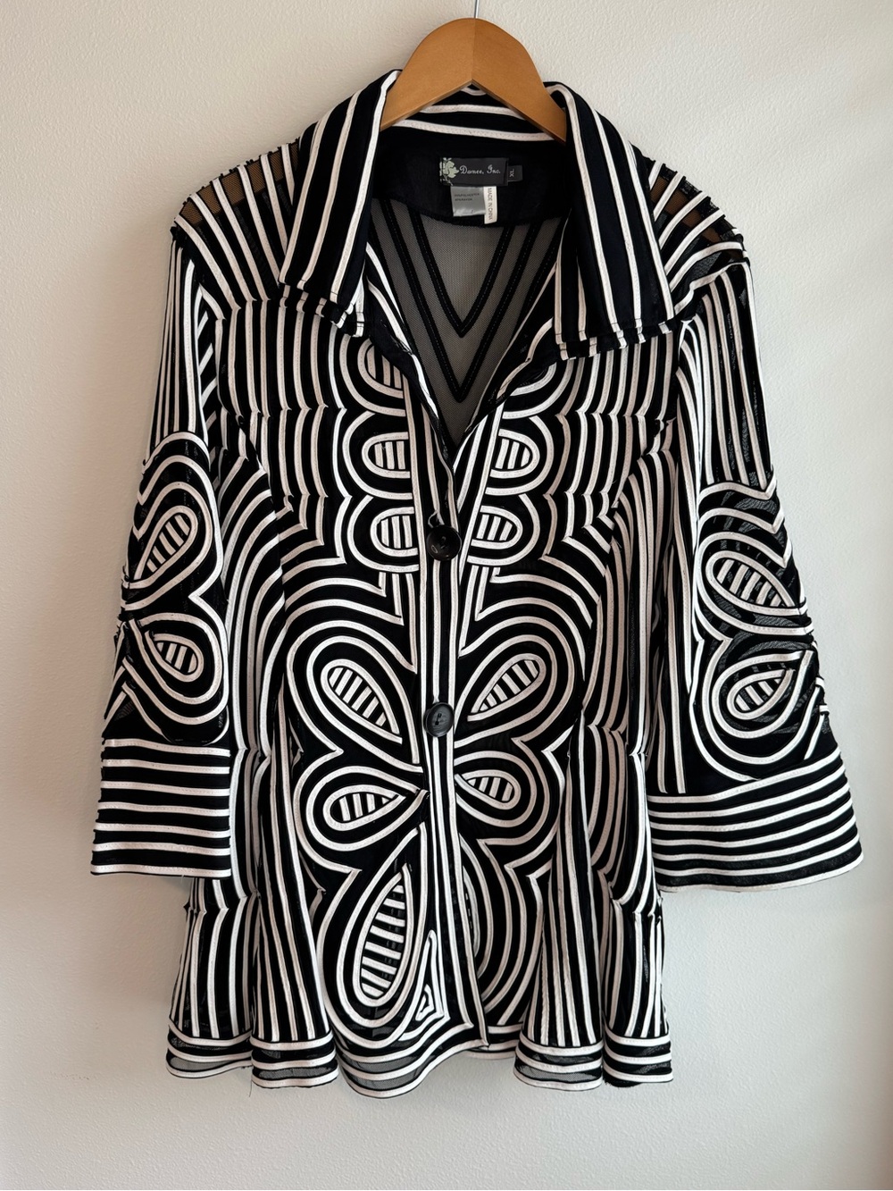 Black & White Graphic Button-Down Blouse - Bold Stripe and Swirl Design